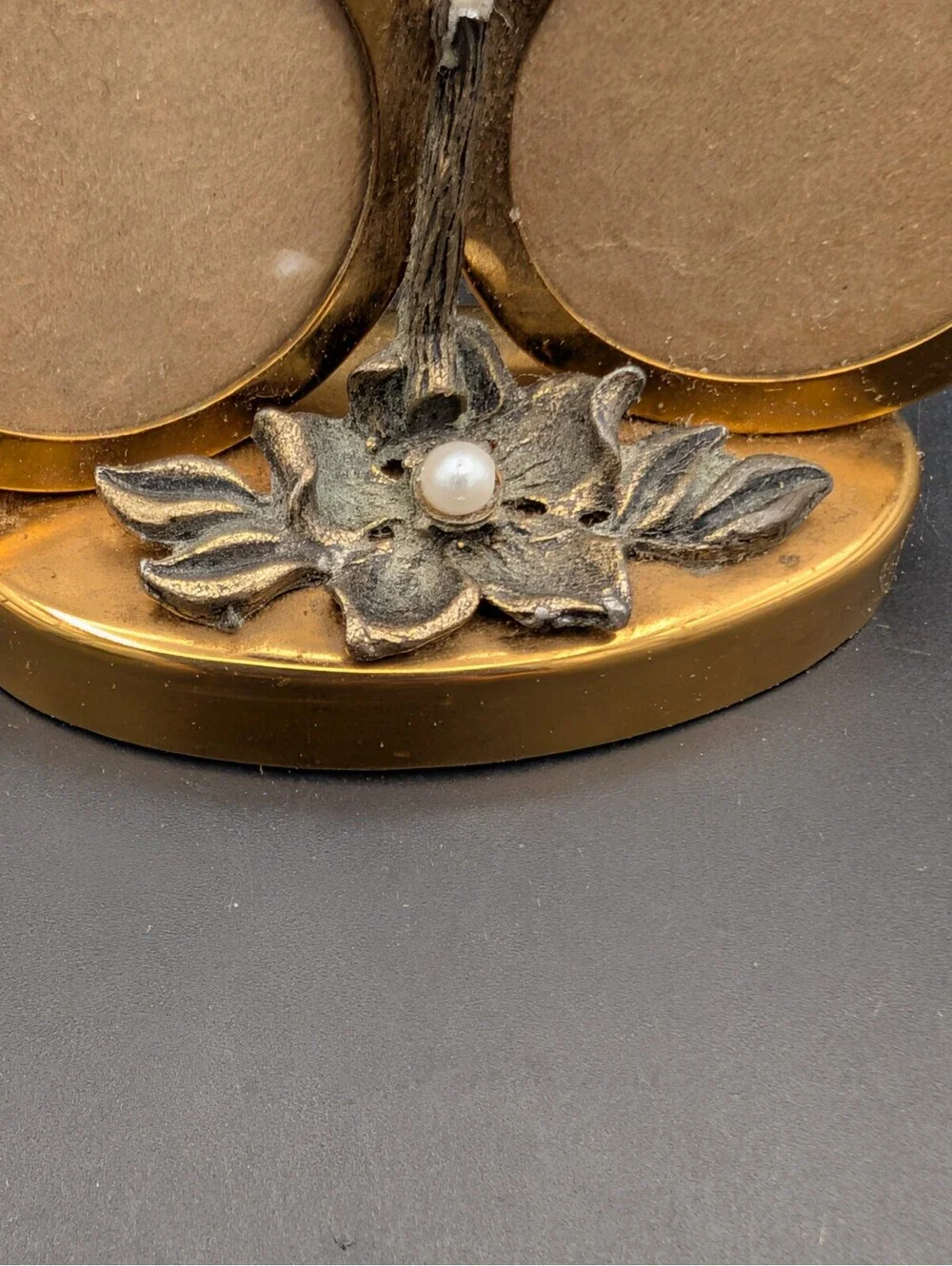 Vintage Mini Double Picture Frame Gold Tone Brass Floral Faux Pearl Oval Frame